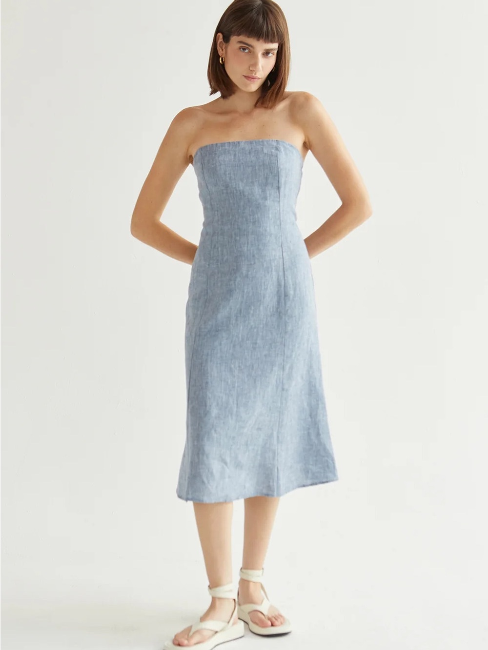 Crescent Sofia Linen Midi Dress Midi Slip Dress in Blue Size Small Like New